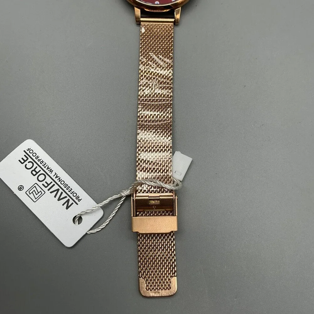 Naviforce Womens Watch 36mm Red Dial Gold Tone Date Mesh NF5011L New Battery